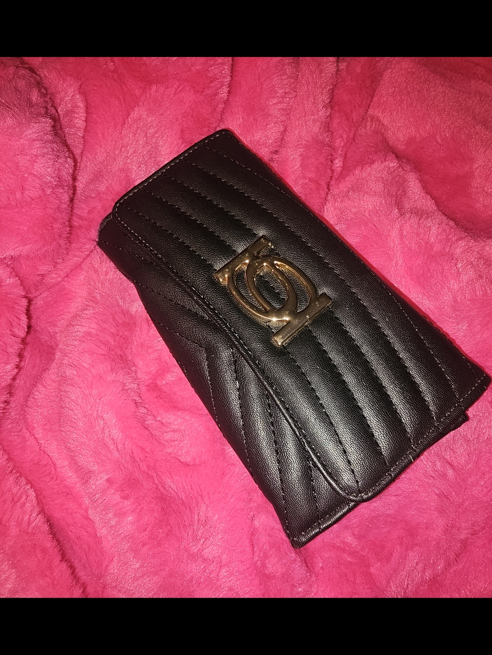bebe Black Quilted Wallet with Gold Logo Accent